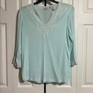 CD Sport V-Neck Embroidered tunic top gauze shirt blouse size LARGE